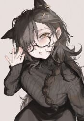 1girls 2025 arknights bangs blush brown_hair brunette_hair female glasses hi_res kiriharaaki1019 looking_at_viewer penance_(arknights) simple_background solo solo_focus upper_body wolf_ears wolf_girl yellow_eyes