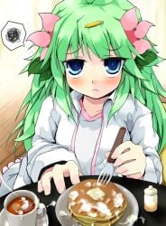 :< annoyed blue_eyes blush coffee cum cum_in_container cum_in_cup cum_on_food cup flower food fork glaring green_hair hair_flower hair_ornament holding holding_fork jitome long_hair open_clothes pancake pancake_stack personification pokemon rakkogawa_rinro sexually_suggestive shaymin solo solo_focus squiggle table v-neck