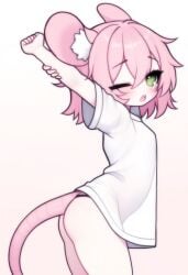 ai_generated anthro furry fuzzle fuzzleedits_(artist) green_eyes mouse mouse_ears mouse_tail oversized_clothes pink_hair short_hair small_breasts stretching young