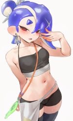 1girls belly belly_button black_bra black_legwear black_shorts blue_hair blush bra cameltoe crop_top earrings jtveemo legwear light-skinned_female light_skin looking_at_viewer navel red_eyes shiver_(splatoon) splatoon splatoon_(series) splatoon_raiders sweat