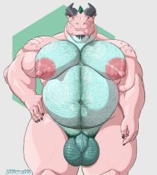 absurd_res anthro atticus_(treebarkdragon) balls belly big_belly big_breasts body_hair breasts digital_media_(artwork) dragon erect_nipples flaccid foreskin genitals green_hair hair hi_res horn humanoid_genitalia humanoid_penis male moobs mythological_creature mythological_scalie mythology navel nipples nude obese obese_anthro overweight overweight_anthro overweight_male penis pink_body pubes scalie simple_background solo thick_thighs treebarkdragon uncircumcised