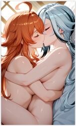 2girls ai_generated arlecchino_(genshin_impact) genshin_impact girl_on_girl lesbian_couple lesbian_domination lesbian_focus lesbian_kiss lesbian_sex mavuika_(genshin_impact) yuri yuri yuri