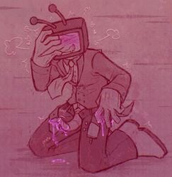 aroused aroused_face belt blush clothed clothed_male colored_cum cum cum_drip deltarune deltarune_chapter_3 fallenlust hearts_around_head kneeling male male_only panting pleasured robot robot_penis solo solo_focus suit suit_and_tie tenna_(deltarune) tentacle_penis unbuckled_belt