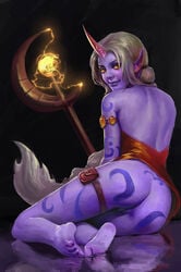 1girls alternate_feet ass barefoot blonde_hair feet from_behind humanoid_feet league_of_legends lips looking_at_viewer purple_skin pussy sitting solo soraka yangzheyy