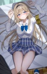 1boy 1girls absurdres armband arms_up blonde_hair blue_bow blue_bowtie blue_eyes blue_skirt blush bow bowtie breasts cleavage collarbone hairband highres kunimine_yuzuki long_hair looking_at_viewer lying medium_breasts nose_blush on_back on_bed original plaid_clothes plaid_skirt pov school_uniform shirt skirt solo_focus straight_hair thighs white_shirt