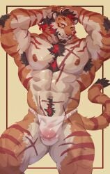2025 abs absurd_res amenohi29 anthro areola arm_scar armpit_hair asian_clothing barazoku beard black_claws black_hair body_hair bulge buzanpaku chest_scar claws clothed clothing east_asian_clothing elbow_fur facial_hair felid finger_claws fundoshi fundoshi_only fur hair hand_above_head hi_res highlights_(coloring) hip_scar japanese_clothing leg_scar male mammal multicolored_body multicolored_fur muscular muscular_anthro muscular_male muscular_thighs navel nipples orange_body orange_eyes orange_fur pantherine pecs red_highlights scar solo striped_body striped_fur stripes tail tan_body tan_fur thigh_scar tiger topless underwear underwear_only whiskers