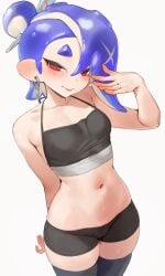 1girl 1girls belly belly_button black_bra black_legwear black_shorts blue_hair blush bra cameltoe cephalopod cephalopod_humanoid crop_top earrings female jtveemo legwear light-skinned_female light_skin looking_at_viewer midriff navel red_eyes shiver_(splatoon) smile splatoon splatoon_(series) splatoon_raiders sports_bra standing sweat tentacle tentacle_hair tongue_out