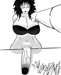 black_hair cock_out covered_breasts curvy futanari holding_camera intersex oc tongue tongue_out white_body