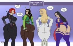 4girls annoyed ass_expansion ass_press big_ass black_widow_(marvel_rivals) blooberboy dagger_(marvel_rivals) fat_ass female female_only holding_ass mantis_(marvel) marvel marvel_rivals psylocke_(marvel_rivals) tight_clothing