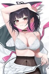 1girls absurdres animal_ears arm_up armpits bed_sheet black_choker black_hair black_pantyhose blue_archive blush bra breasts cat_ears cat_girl choker cleavage closed_mouth collarbone colored_inner_animal_ears colored_inner_hair commentary_request covered_navel cropped dakimakura_(medium) extra_ears grey_sailor_collar halo highres kazusa_(blue_archive) large_breasts looking_at_viewer lying momocadraw multicolored_hair neckerchief nose_blush on_back on_bed pantyhose pink_hair pink_halo pink_neckerchief pleated_skirt red_eyes sailor_collar short_hair skirt skirt_hold smile solo sweat underwear unworn_clothes white_bra white_skirt