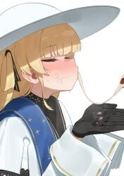 1boy after_fellatio black_gloves blonde_hair blush closed_eyes cum cum_in_mouth cum_on_body cum_on_hands cum_string female flasso gloves hat highres male open_hands out_of_frame penis phoebe_(wuthering_waves) solo_focus straight stray_pubic_hair white_hat wuthering_waves