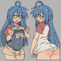 1girls :3 artist_request back_view blue_hair cute female from_behind front_view green_eyes konata_izumi long_hair lucky_star panties pantsu_ripper shirt shorts small_breasts smile smiling tagme white_panties