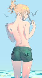 1girls arms_up ass back back_focus beach blonde_hair closed_eyes cowboy_shot female_only from_behind green_shorts henken highres legs medium_hair original outdoor_nudity outdoors ponytail short_shorts shorts sienna_(henken) solo_female topless_female