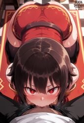 ai_generated brown_hair cleavage deepthroat from_above kono_subarashii_sekai_ni_shukufuku_wo! male medium_breasts megumin_(konosuba) pov red_dress red_eyes red_eyes_female short_dress
