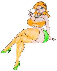 1girls big_breasts blue_eyes blush bottomwear breasts brown_female cleavage clothing feet female female_only full_body gaixas1 green_skirt hands_behind_head huge_breasts legs mario_(series) mature mature_female miniskirt nintendo orange_hair orange_topwear pose princess_daisy skirt smile solo solo_female thick_thighs thighs topwear