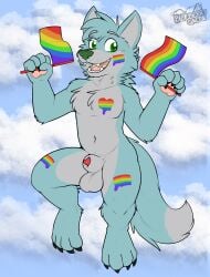 2025 absurd_res animal_genitalia anthro balls blue_body blue_ears blue_fur blue_hair blue_tail canid canine canis dipstick_tail donovan_dmc fur gaokun genitals green_eyes green_nose grey_balls grey_body grey_fur grey_inner_ear grey_sheath grey_tail hair hi_res lgbt_pride lipsticking male mammal markings monotone_hair multicolored_body multicolored_fur nude_anthro nude_male open_mouth pawpads pink_pawpads pride_color_bodypaint pride_colors sheath solo tail tail_markings two_tone_body two_tone_fur two_tone_tail watermark wolf