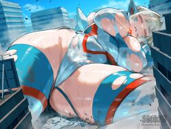 artist_name breasts city defeated defeated_heroine female giant giantess huge_breasts huge_thighs magical_girl nikunopengin orange_eyes original solo thick_thighs torn_clothes wide_hips