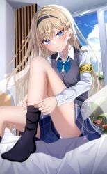 1girls adjusting_clothes adjusting_legwear armband black_hairband black_socks blonde_hair blue_bow blue_bowtie blue_eyes blue_skirt blush bow bowtie breasts buttons cloud cloudy_sky commentary_request cowboy_shot day dressing grey_sweater_vest hair_intakes hairband highres indoors kunimine_yuzuki light_particles long_hair long_sleeves looking_at_viewer on_bed original panties pantyshot parted_lips plaid_clothes plaid_skirt plant school_uniform shirt sitting skirt sky small_breasts socks solo sweater_vest thighs underwear white_panties white_shirt wind window