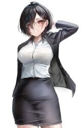 1girls absurdres arm_at_side black_hair black_jacket black_skirt breasts cowboy_shot glasses grin hair_behind_ear hair_ornament hair_over_one_eye hairclip highres jacket large_breasts long_hair long_sleeves medium_hair open_clothes open_jacket original red_eyes shirt simple_background skirt smile solo standing white_background white_shirt yufou