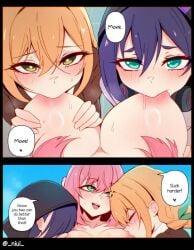100_kanojo 3girls amber_eyes big_breasts blonde_hair dialogue emerald_eyes fff_threesome green_eyes hanazono_hakari haraga_kurumi headset inda_karane kimi_no_koto_ga_dai_dai_dai_dai_daisuki_na_100-nin_no_kanojo niui pink_hair red_hair small_breasts sucking_nipples the_100_girlfriends_who_really_really_really_really_really_love_you threesome yuri