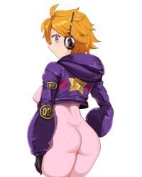 1girls ass butt character_request clothed_female copyright_request female female_only georugu13 looking_at_viewer looking_back looking_back_at_viewer one_piece pink_eyes skin_tight skin_tight_suit solo solo_female tagme vegapunk_lilith white_background yellow_hair