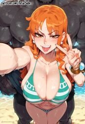 ai_generated ariababe beach blue_bikini cute dark-skinned_male imminent_sex interracial nami_(one_piece) orange_hair patreon peace_sign selfie tongue_out