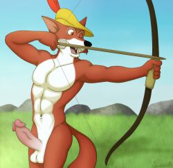 2024 abs anthro archer archery arrow_(weapon) athletic athletic_male balls bow_(weapon) brown_eyes canid canine clothing day disney erection field fox fur genitals grass hat hat_feather hat_only headgear headgear_only headwear headwear_only loose_feather male mammal mostly_nude navel nude nude_male outside penis plant ranged_weapon red_body red_fur robin_hood robin_hood_(disney) rock sandblastcoyote shadow smile solo standing tail teeth weapon white_body white_fur yellow_clothing yellow_hat yellow_headwear