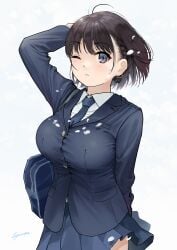 1girls ai-chan_(tawawa) bag blue_necktie blue_skirt blush breasts brown_hair getsuyoubi_no_tawawa highres kaedeko_(kaedelic) large_breasts long_sleeves looking_at_viewer necktie one_eye_closed pleated_skirt purple_eyes school_bag school_uniform short_hair signature skirt solo