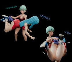 ass ass_focus bimbo blue_eyes blue_hair bulma_briefs dildo domination dragon_ball dragon_ball_z dress fat_ass female female_on_female female_only femdom heperson maron red_dress thick thick_ass thick_thighs yuri