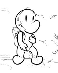 1boy 2022 backpack balls bone_(series) fone_bone illegaleel illegalfish male male_only monochrome peeing penis small_penis solo sweatdrop urine