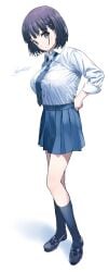 1girls ai-chan_(tawawa) black_hair black_shoes black_socks blue_necktie blue_skirt breast_pocket breasts collared_shirt full_body getsuyoubi_no_tawawa grey_eyes highres kaedeko_(kaedelic) large_breasts long_sleeves looking_at_viewer md5_mismatch necktie pleated_skirt pocket shadow shirt shirt_tucked_in shoes short_hair signature simple_background skirt socks solo tented_shirt white_background white_shirt