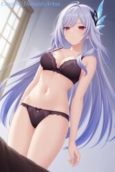 1girls bra breasts cleavage female genshin_impact lace lace-trimmed_bra lace-trimmed_panties lace_trim mihoyo panties red_eyes skirk_(genshin_impact) tagme thighs white_hair
