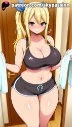 1girls 2025 ai_assisted ai_generated anime artist_name belly big_breasts big_chest black_tank_top blonde_hair blush bra breast breasts bust busty chest cleavage clothed_female curtains curvy fairy_tail fairy_tail_100_years_quest female_focus female_only hair_ribbon hi_res high_quality high_resolution highres holding holding_towel indoors large_breasts long_hair looking_at_viewer lucy_heartfilia navel patreon patreon_username plastic_bag plump ponytail ribbon shorts sitting skypassion solo sports_bra sports_shorts sports_uniform sportswear stable_diffusion sweat tank_top thick_thighs thighs towel watermark wooden_floor