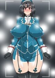 areolae ass ass_visible_through_thighs big_ass big_breasts black_gloves black_hair black_legwear blush blushing_female body_paint bodypaint breasts completely_nude completely_nude_female embarrassed exhibitionism false_clothes female garter_belt garter_straps gloves kantai_collection navel nipples nude nude_female painted_clothes pussy red_eyes shy standing takao_(kantai_collection) thick_thighs thighhighs thighs