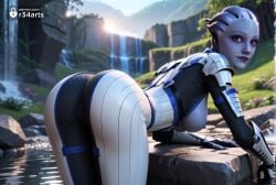 1girls ai_generated alien armor artist_name asari ass bent_over blue_eyes blurry blurry_background bodysuit breasts colored_skin female freckles gloves hi_res liara_t'soni lips looking_at_viewer looking_back mass_effect mass_effect_2 mass_effect_3 medium_breasts mole outdoors r34arts solo water waterfall