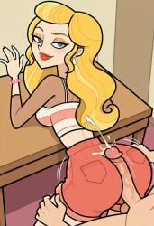 afterimage ai_generated anastasia_(disventure_camp) bend big_penis buttjob buttjob_over_clothes clothed_buttjob clothed_sex covered_buttjob cum_geyser cum_on_ass cum_on_body cum_on_clothes cum_on_clothing cum_on_lower_body cumshot disventure_camp:_carnival_of_chaos ejaculation forward, full_body hands hands_against_wall high-angle_view hotdogging large_ass large_breasts lean legs, looking_back motion_lines multiple_cumshots nude_male odd_nation_cartoons on over, speed_lines table taller_female twerking twerking_on_dick veiny_penis
