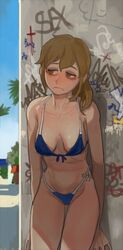 1girls against_wall ashbie ashbiemoon aspie-chan bikini blonde_hair cleavage female female_only frown graffiti mossa outdoors sad small_breasts solo standing