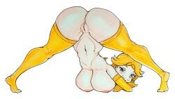 ass ass_up bad_anatomy big_breasts blue_eyes blue_stripes breasts breasts brown_hair exposed_pussy gaixas1 gaixas1draw gravity-defying_hair handstand handstand_with_split_pose hanging_hair jack-o_pose large_breasts long_hair mario_(series) naked naked_female no_shoes non-nude nude open_mouth princess_daisy pussy shoeless shoes_removed thick_ass thick_legs thick_thighs thighhighs tongue vagina