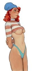 1girls aged_up arms_behind_back beanie breasts crop_top curly_hair cute disney female female_only giulia_marcovaldo italian italy long_hair luca_(pixar_film) mossa panties pixar red_hair solo solo_female southern_european standing tanline tanned underboob white_background