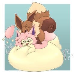 1:1 absurd_res belly big_belly bite bodily_fluids cheeki crumb_(cheeki) cum cum_inside duo ear_bite eevee eeveelution envy_(softboienvy) eyewear fan_character feral fluffy fluffy_tail generation_1_pokemon generation_3_pokemon genital_fluids glasses hair hi_res huge_belly inflation inflation male male/male nintendo onomatopoeia pink_hair pokemon pokemon_(species) rumbling_stomach skitty skitty_envy_(softboienvy) sound_effects tagme tail text wearing_glasses