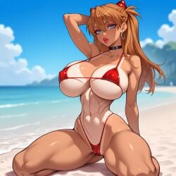aged_up ai_generated asuka_langley_sohryu beach big_lips bimbo bimbofication blue_eyes breast_implants cameltoe choker fake_breasts hoop_earrings huge_breasts kneeling lipstick looking_at_viewer microbikini neon_genesis_evangelion one-piece_tan red_lipstick tan toned_female