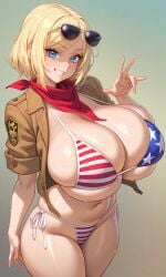 1girls ai_generated american_flag_bikini blonde_hair blue_eyes brown_jacket country_inc_(yuric_inc) countryhumans female huge_breasts jacket kosine1777 neckerchief short_hair sunglasses sunglasses_on_head usa_(yuric_inc) yuric_inc