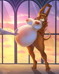 2025 anthro belly big_belly blep breasts brown_body brown_fur brown_hair brown_tail canid canine canis closed_eyes closed_smile dated domestic_dog duo female fur hair hi_res huge_belly humanoid_vulva inside mammal mouth_closed navel nipples nude pregnant pregnant_anthro pregnant_female red_nipples red_nose smile solo_focus standing stretching tail tiggybloom tongue tongue_out wavy_hair white_body white_fur