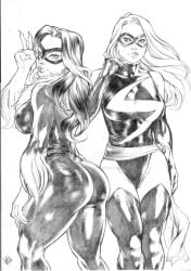 2girls artist_request ass_cleavage avengers big_ass big_breasts big_thighs black_and_white black_cat_(marvel) bodysuit carol_danvers ed_benes_studio felicia_hardy female heroine light-skinned_female marvel ms._marvel ms._marvel_(carol_danvers) spider-man_(series) superheroine