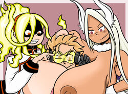 2girls 2girls1boy between_breasts big_breasts breast_to_breast breasts bunny_ears burnin_(my_hero_academia) dark-skinned_female face_between_breasts female fire_hair hawks_(my_hero_academia) head_between_breasts huge_breasts kamiji_moe keigo_takami large_breasts male miruko moe_kamiji my_hero_academia rumi_usagiyama sandwiched takami_keigo usagiyama_rumi