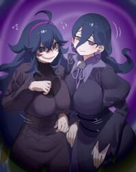 2girls @_@ absurdres ahoge black_hair bodice breasts closed_mouth commentary dress earrings english_commentary female flying_sweatdrops hair_between_eyes hairband hex_maniac_(pokemon) hex_maniac_(pokemon_legends:_z-a) highres jewelry juliet_sleeves large_breasts long_hair long_sleeves looking_at_viewer medium_breasts multiple_girls nia_(nia4294) nintendo open_mouth pokemon pokemon_legends:_z-a pokemon_xy puffy_sleeves purple_dress purple_hairband smile symbol-shaped_pupils very_long_hair