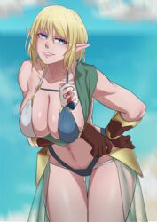 1girls blonde_hair blue_background cleavage curvy elf elf_ears female female_only high_elf_(warhammer) large_breasts leaning_forward looking_at_viewer pointy_ears short_hair smile solo solo_female swimsuit warhammer_(franchise) warhammer_fantasy zalupus