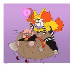 absurd_res anal anal_sex anthro arm_warmers armwear ass big_breasts bodily_fluids braixen breasts butt_grab cheeki clothing cowbell cowbell_collar dialogue domestic_cat duo envy_(softboienvy) eyewear fan_character felid feline felis generation_6_pokemon glasses gynomorph hair hand_on_butt hi_res hypnosis inflation intersex intersex/male interspecies lactating lactating_during_sex legwear magic male mammal mind_control nintendo penetration pink_hair pokeball pokemon pokemon_(species) pokephilia ragdoll_cat tagme thigh_highs topwear vore wearing_glasses