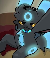 anonymous_artist anthro bedroom black_body black_fur blue_penis blue_rings digitigrade eeveelution fan_character fur generation_2_pokemon genitals glowing hi_res inside knot male nintendo penis pokemon pokemon_(species) saint_renzo selfie shiny_pokemon smug solo umbreon yellow_eyes