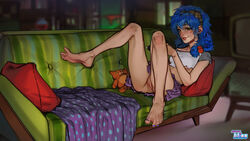 1girls blue_hair crop_top duskyhallows goggles_on_head long_legs no_panties petite petite_body petite_female petite_girl pussy skimpy skinny skinny_girl skinny_legs slender_legs small_breasts sofa spread_legs teddy_bear upskirt